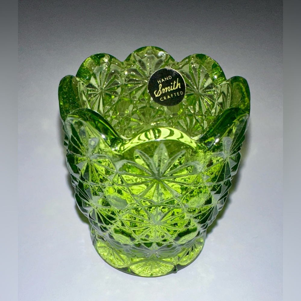 SMITH Neon Green Scalloped Hobnail Pressed Glass